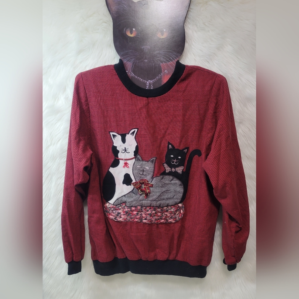 Vintage Sharon Young Womens Cat Houndstooth Blouse 80s Cottagecore Goth kitsch